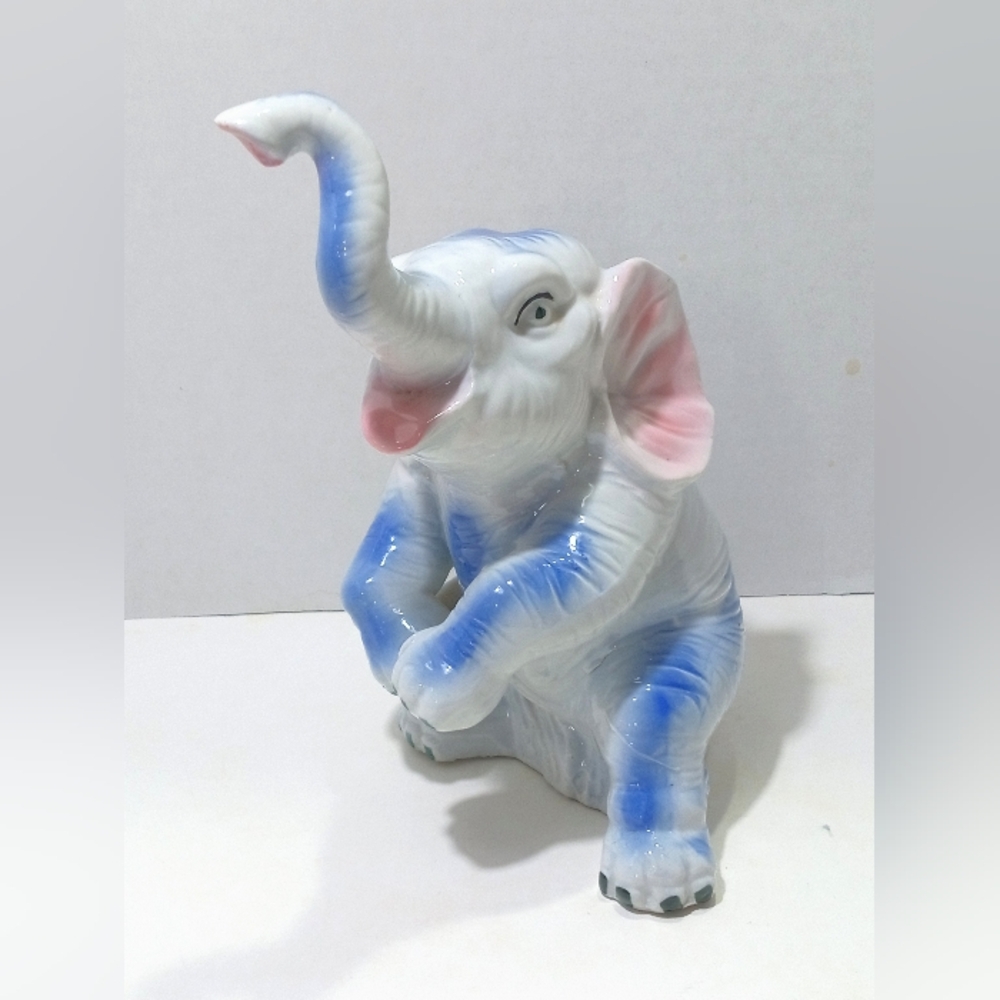 Vintage Good Luck Elephant Figurine Circus Ceramic Blue Gray